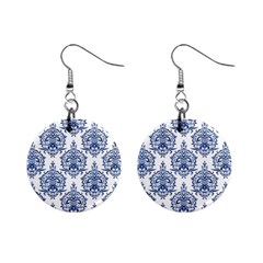 Blue And White Ornament Damask Vintage Mini Button Earrings by ConteMonfrey