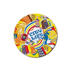Colorful City Life Horizontal Seamless Pattern Urban City Rubber Round Coaster (4 Pack) by Pakemis
