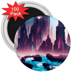 Urban City Cyberpunk River Cyber Tech Future 3  Magnets (100 Pack) by Uceng