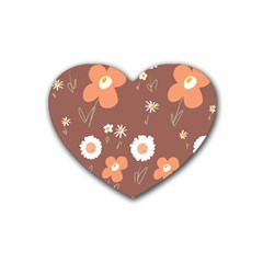 Daisy Flowers Coral White Green Brown  Rubber Heart Coaster (4 Pack) by Mazipoodles