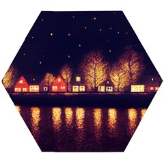 Night Houses River Bokeh Leaves Landscape Nature Wooden Puzzle Hexagon by Ravend