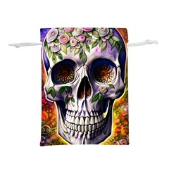 Cute Sugar Skull With Flowers - Day Of The Dead Lightweight Drawstring Pouch (m) by GardenOfOphir