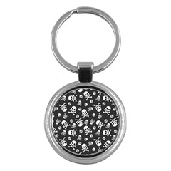 Skull-crossbones-seamless-pattern-holiday-halloween-wallpaper-wrapping-packing-backdrop Key Chain (round) by Ravend