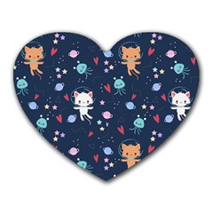 Cute Astronaut Cat With Star Galaxy Elements Seamless Pattern Heart Mousepad by Salman4z