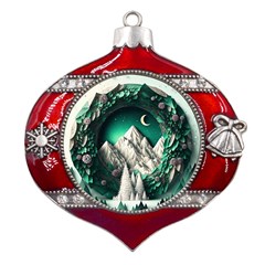 Christmas Wreath Winter Mountains Snow Stars Moon Metal Snowflake And Bell Red Ornament by Ravend