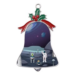 Alien-astronaut-scene Metal Holly Leaf Bell Ornament by Salman4z