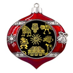 Maya-style-gold-linear-totem-icons Metal Snowflake And Bell Red Ornament by Salman4z