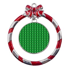 Green Christmas Tree Pattern Background Metal Red Ribbon Round Ornament by pakminggu