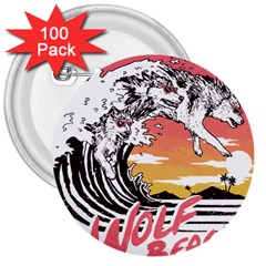 Gray Wolf Beach Waves A Wolf Animal Retro 3  Buttons (100 Pack)  by pakminggu