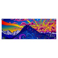 Psychedelic Colorful Lines Nature Mountain Trees Snowy Peak Moon Sun Rays Hill Road Artwork Stars Banner And Sign 8  X 3  by pakminggu