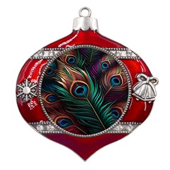 Peacock Feathers Nature Feather Pattern Metal Snowflake And Bell Red Ornament by pakminggu