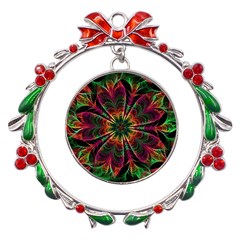 Multicolored Flower Mandala Wallpaper Kaleidoscope Pattern Metal X mas Wreath Ribbon Ornament by 99art