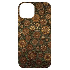 Brown And Green Floral Print Textile Ornament Pattern Texture Iphone 14 Black Uv Print Case by danenraven