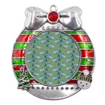 Fishes Pattern Background Theme Metal X Mas Ribbon With Red Crystal Round Ornament Front