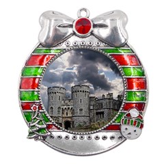 Castle Building Architecture Metal X mas Ribbon With Red Crystal Round Ornament by Celenk