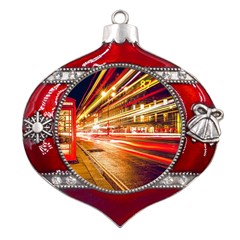 Telephone Box London Night Metal Snowflake And Bell Red Ornament by Uceng