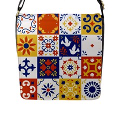 Mexican-talavera-pattern-ceramic-tiles-with-flower-leaves-bird-ornaments-traditional-majolica-style- Flap Closure Messenger Bag (l) by uniart180623