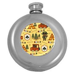 Seamless-pattern-funny-ranger-cartoon Round Hip Flask (5 Oz) by uniart180623