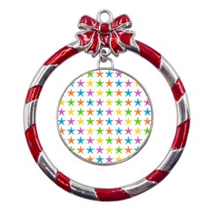 Star-pattern-design-decoration Metal Red Ribbon Round Ornament by uniart180623