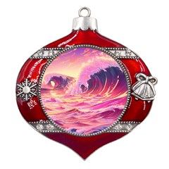 Waves Ocean Sea Tsunami Nautical Red Yellow Metal Snowflake And Bell Red Ornament by uniart180623
