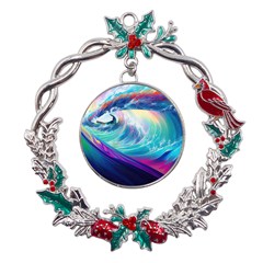 Waves Ocean Sea Tsunami Nautical Nature Water Metal X mas Wreath Holly Leaf Ornament by uniart180623