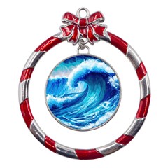Tsunami Tidal Wave Ocean Waves Sea Nature Water Blue Painting Metal Red Ribbon Round Ornament by uniart180623