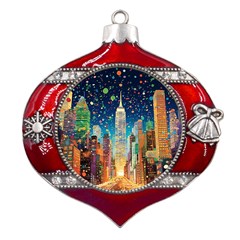 New York Confetti City Usa Metal Snowflake And Bell Red Ornament by uniart180623
