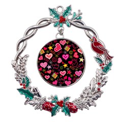 Multicolored Love Hearts Kiss Romantic Pattern Metal X mas Wreath Holly Leaf Ornament by uniart180623