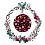 Multicolored Love Hearts Kiss Romantic Pattern Metal X mas Wreath Holly leaf Ornament Front