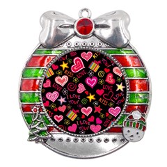Multicolored Love Hearts Kiss Romantic Pattern Metal X mas Ribbon With Red Crystal Round Ornament by uniart180623