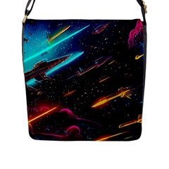 Night Sky Neon Spaceship Drawing Flap Closure Messenger Bag (l) by Ravend