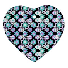 Bitesize Flowers Pearls And Donuts Turquoise Lilac Black Ornament (heart) by Mazipoodles