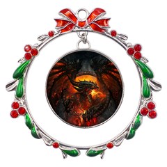 Dragon Art Fire Digital Fantasy Metal X mas Wreath Ribbon Ornament by Celenk