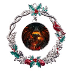 Dragon Art Fire Digital Fantasy Metal X mas Wreath Holly Leaf Ornament by Celenk
