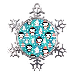 Blue Penguin Pattern Christmas Metal Large Snowflake Ornament by uniart180623