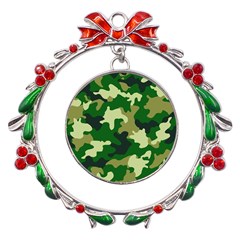 Green Military Background Camouflage Metal X mas Wreath Ribbon Ornament by uniart180623