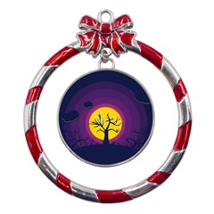 Empty Tree Leafless Stem Bare Branch Metal Red Ribbon Round Ornament by uniart180623