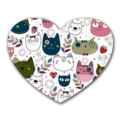 Pattern With Cute Cat Heads Heart Mousepad by Simbadda