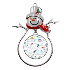 Cute Children Seamless Pattern With Cars Road Park Houses White Background Illustration Town Cartooo Metal Snowman Ornament by Simbadda