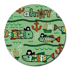 Seamless Pattern Fishes Pirates Cartoon Round Mousepad by Simbadda