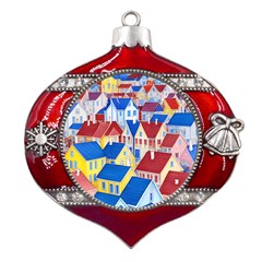 City Houses Cute Drawing Landscape Village Metal Snowflake And Bell Red Ornament by Bangk1t