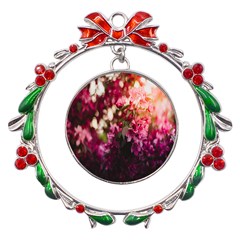 Pink Flower Metal X mas Wreath Ribbon Ornament by artworkshop