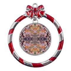 Ochre On Pink Arabesque Metal Red Ribbon Round Ornament by kaleidomarblingart