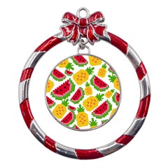 Watermelon -12 Metal Red Ribbon Round Ornament by nateshop