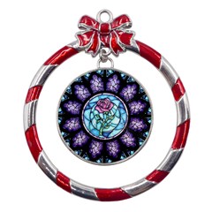 Cathedral Rosette Stained Glass Beauty And The Beast Metal Red Ribbon Round Ornament by Cowasu