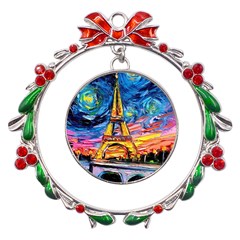 Eiffel Tower Starry Night Print Van Gogh Metal X mas Wreath Ribbon Ornament by Sarkoni