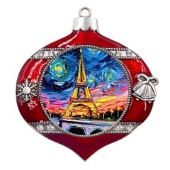 Eiffel Tower Starry Night Print Van Gogh Metal Snowflake And Bell Red Ornament by Sarkoni