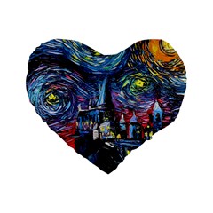 Castle Starry Night Print Van Gogh Parody Standard 16  Premium Heart Shape Cushions by Sarkoni