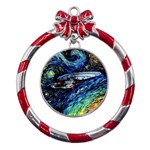 Spaceship Galaxy Parody Art Starry Night Metal Red Ribbon Round Ornament Front