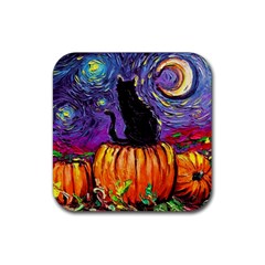 Halloween Art Starry Night Hallows Eve Black Cat Pumpkin Rubber Coaster (square) by Sarkoni
